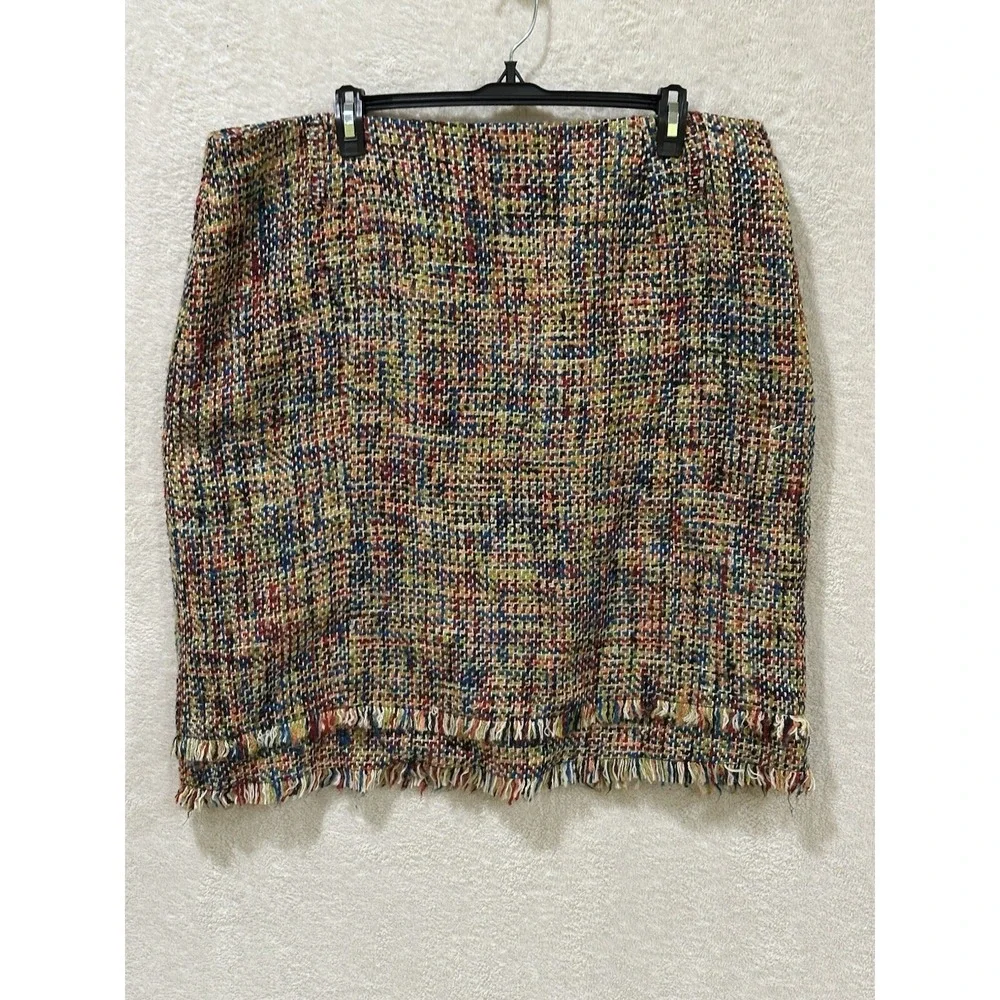 O Oscar by Oscar De La Renta Wool Blend Skirt Size 16W Fringe Rainbow Multicolor